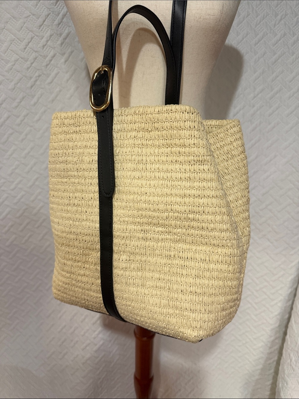 Cream Woven Tote with Black Strap and Gold Buckle